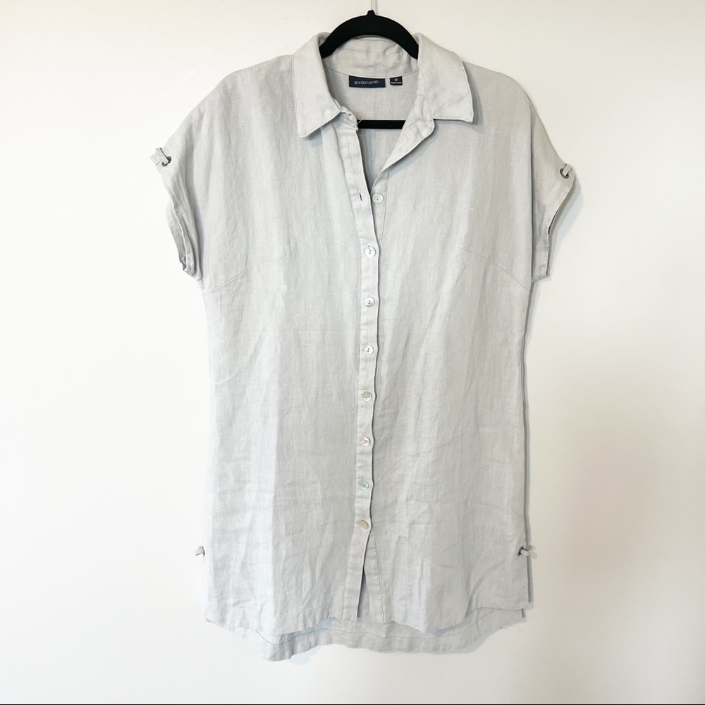 Gordon Smith linen button front tie back tunic top size 12‎ gray lagenlook